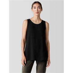 Eileen Fisher Black 100% Silk Georgette‎ Crepe Ballet Neck Long Tank Size PP